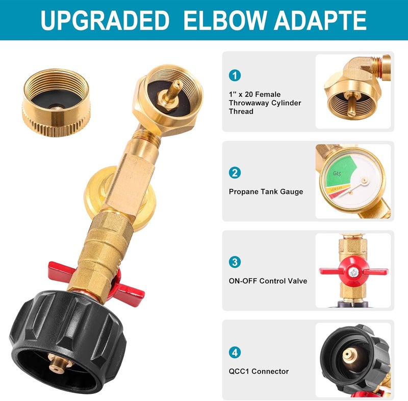 Catilon QCC1 Propane Refill Elbow Adapter with Propane Tank Gauge, 90 Degrees Propane Refill Adapter with ON-Off Control Valve, for Camping Grill 1LB Bottle Tank 20-40LBS Cylinder - Image 2